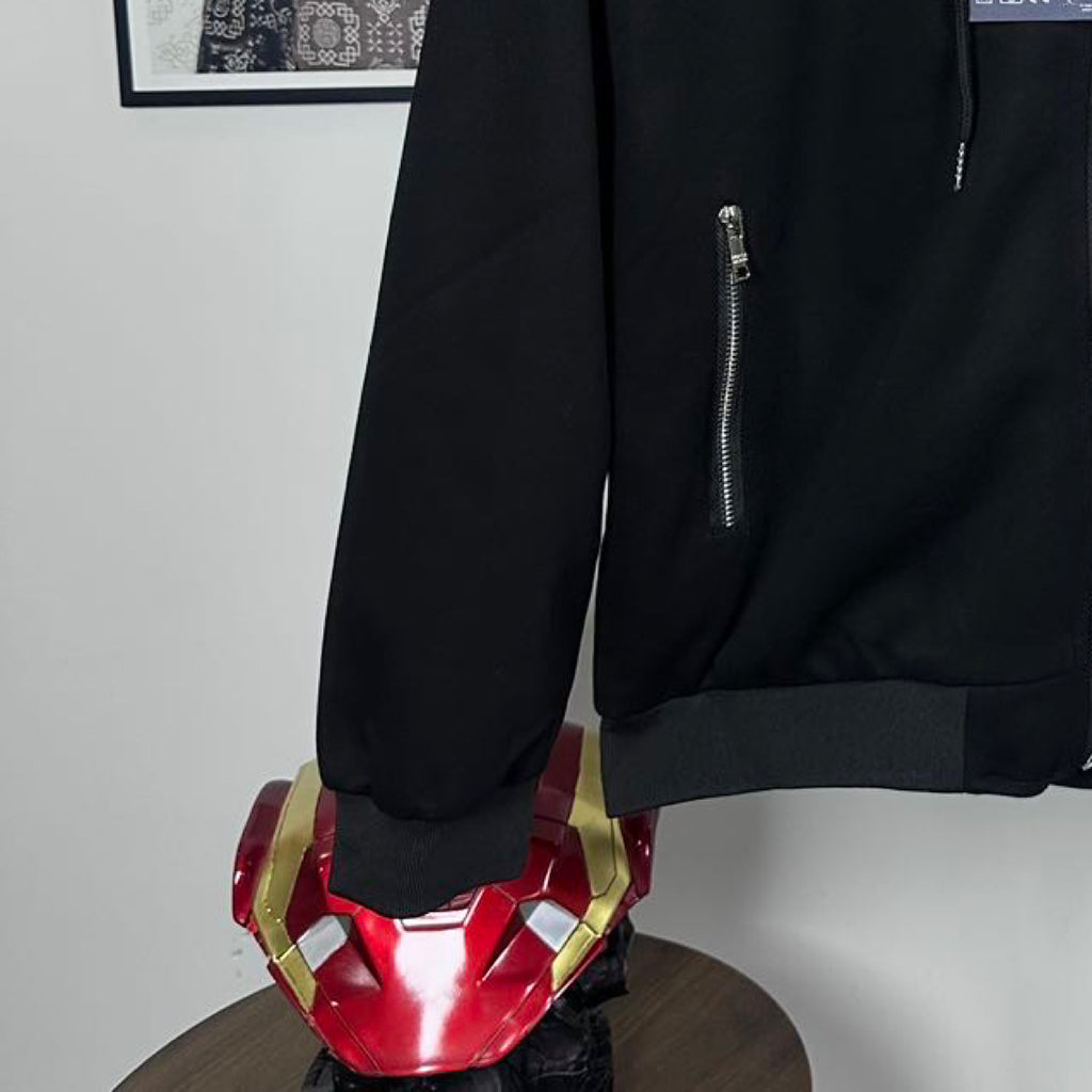 Black Prada zip-up hoodie with side vertical zipper pocket and ribbed hem