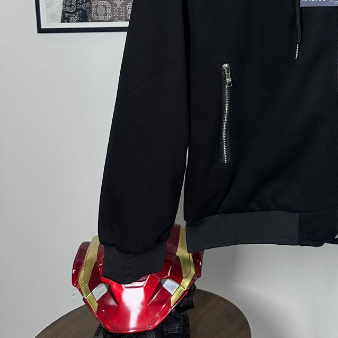 Black Prada zip-up hoodie with side vertical zipper pocket and ribbed hem