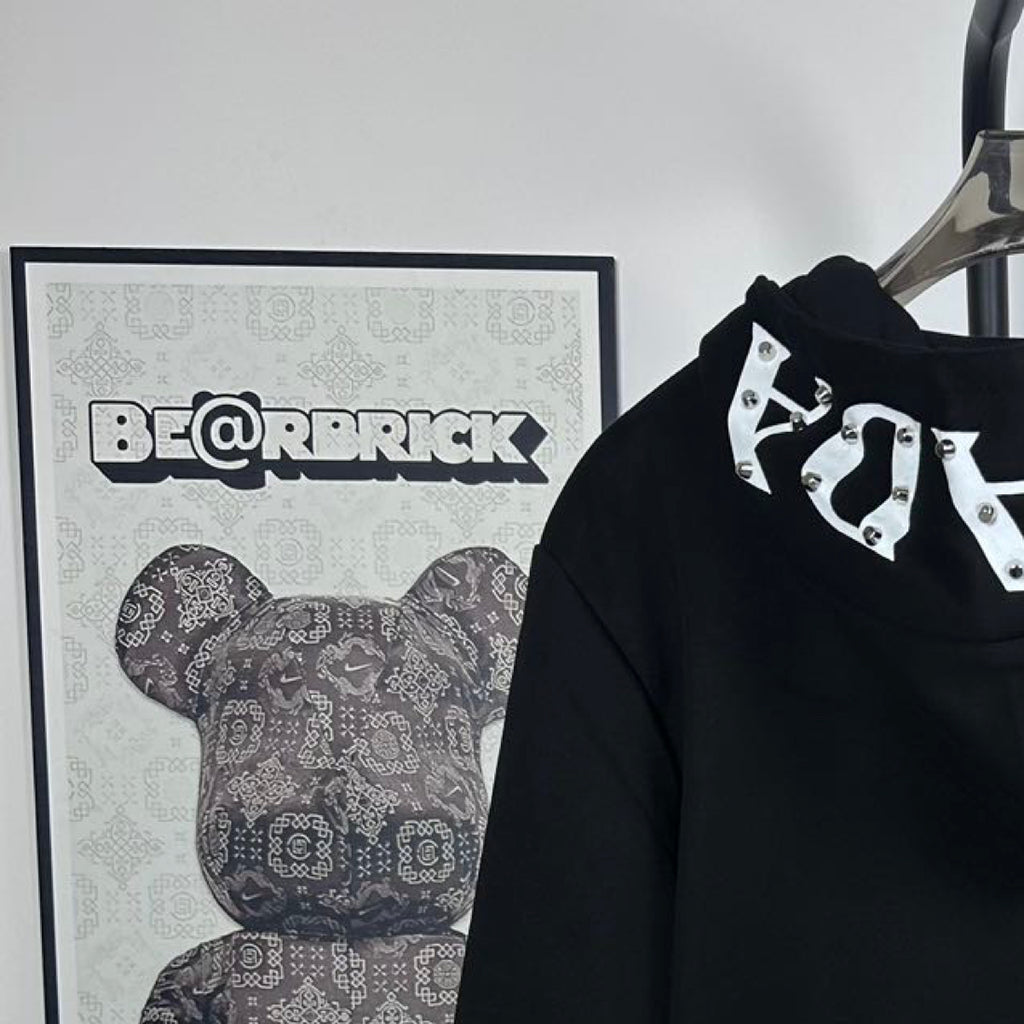 Black Prada hoodie with drawstring hood and white-and-black graphic detail