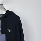Black Prada zip-up hoodie with triangle chest logo and adjustable drawstring hood