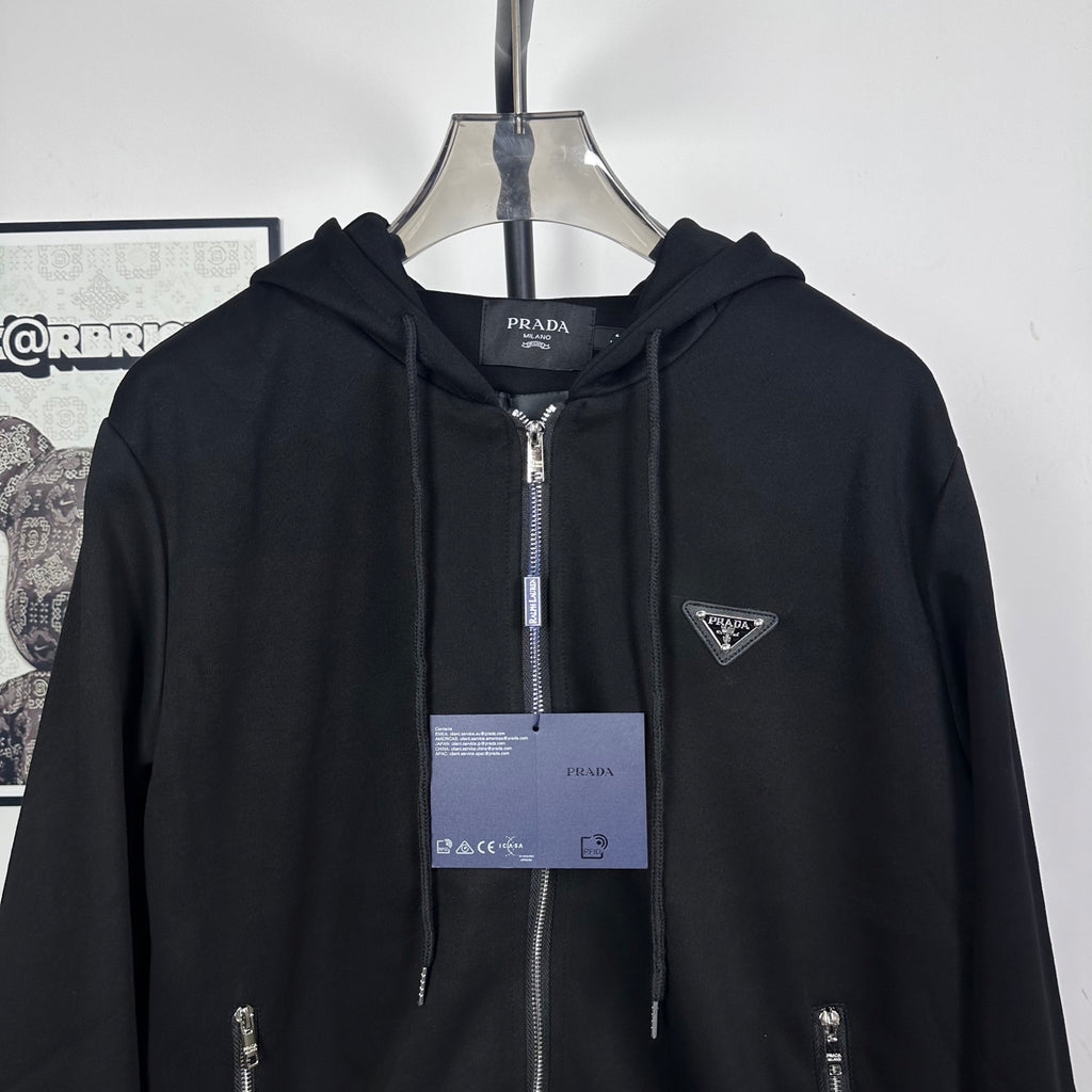 Black Prada zip-up hoodie, drawstring hood, center front zipper, triangle logo