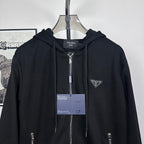 Black Prada zip-up hoodie, drawstring hood, center front zipper, triangle logo