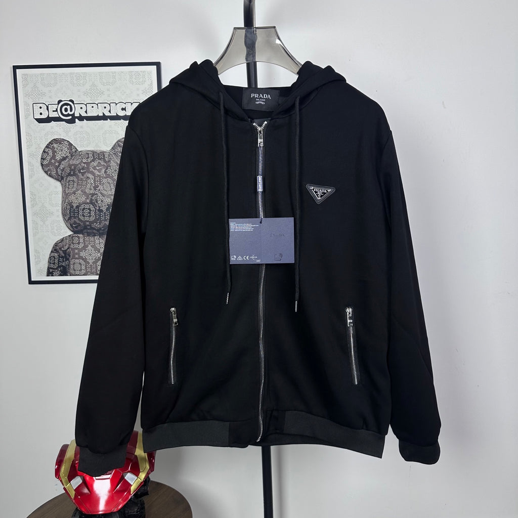 Black Prada zip-up hoodie with drawstring hood, front zipper, triangle chest logo