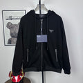 Black Prada zip-up hoodie with drawstring hood, front zipper, triangle chest logo