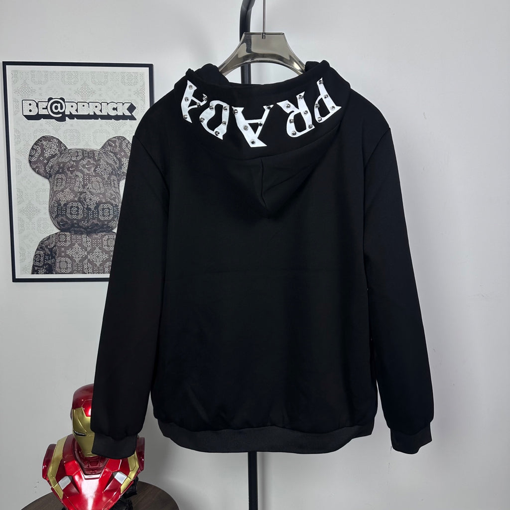 Black Prada zip-up hoodie with drawstring hood and white graphic applique on hood