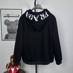 Black Prada zip-up hoodie with drawstring hood and white graphic applique on hood
