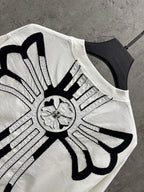 White short-sleeve T-shirt with large embroidered sunburst cross graphic on front.