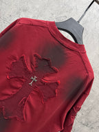 Red short-sleeve T-shirt shoulder and front cross floral appliqué embroidery detail