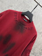 Red short-sleeve T-shirt neckline with embroidered script graphic and brand tag