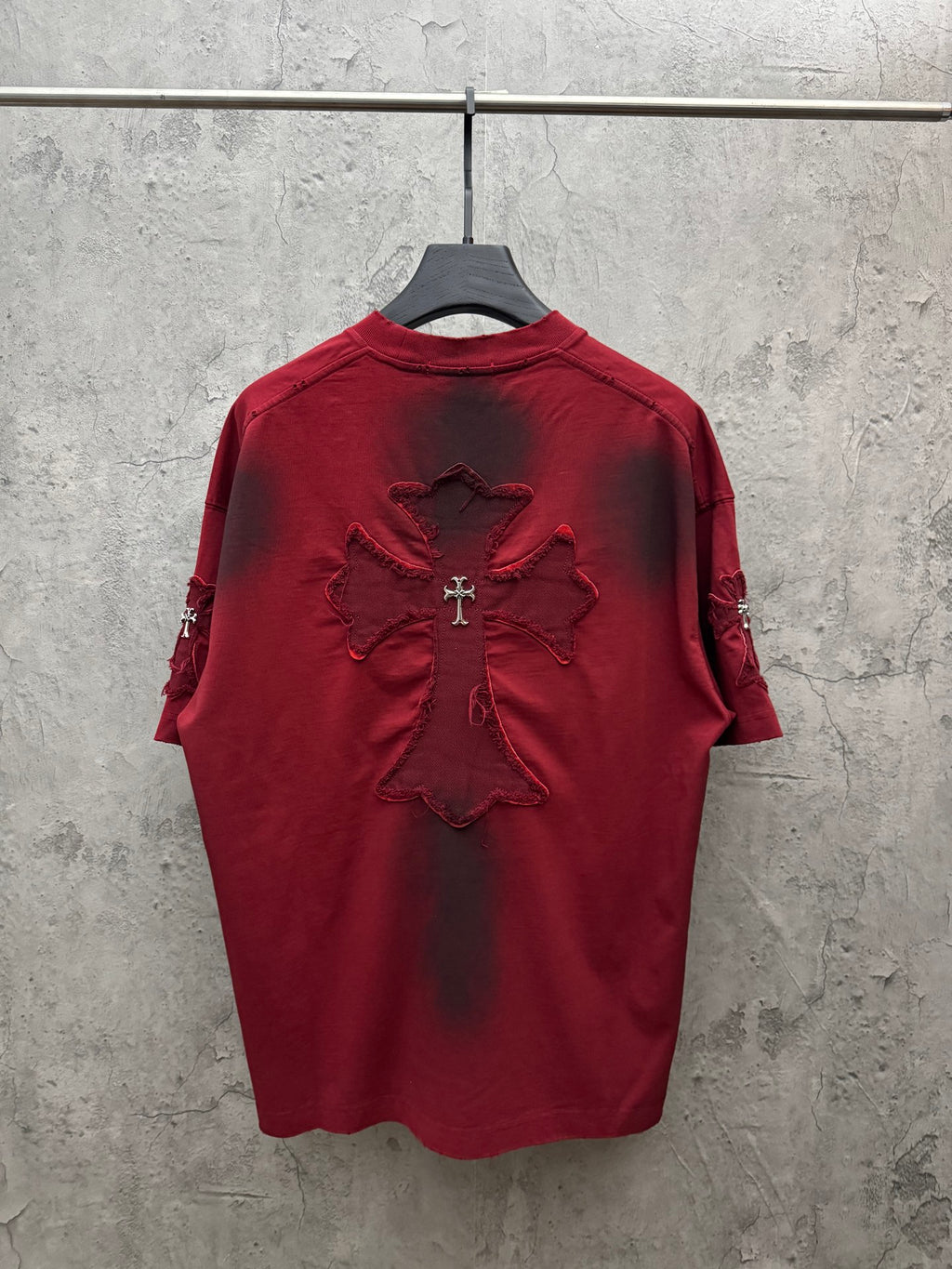 Red short-sleeve T-shirt, back view with large cross floral embroidery and crew neck