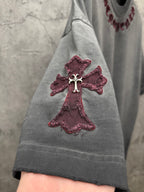 Gray short-sleeve T-shirt with burgundy cross patch on front sleeve