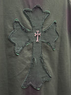 Green T-shirt with detailed cross applique in raised embroidery