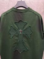 Green short-sleeve T-shirt with large embroidered angel cross graphic on back