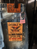 Distressed denim jeans with DOUBLE RL tag and white speckle splatter