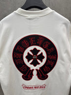 White T-shirt with large red-and-black circular back logo and small text below