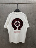 White crew-neck T-shirt with large red-and-black circular back graphic