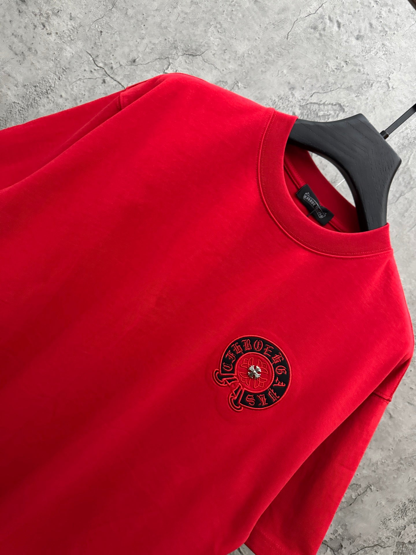 Red T-shirt chest patch logo in black and red, crew neckline.