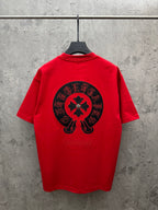 Red crew-neck T-shirt with large back graphic circular emblem