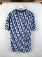 Short-sleeve T-shirt with allover navy-and-white logo pattern, rear view