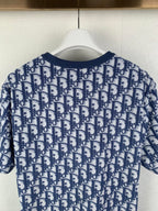 Short-sleeve T-shirt with allover navy-and-white logo pattern, rear view