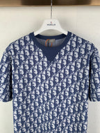 Short-sleeve T-shirt with navy V-neck rib trim and Dior-style monogram print
