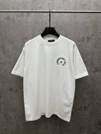 White short-sleeve T-shirt with small circular embroidered chest logo