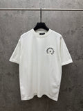 White short-sleeve T-shirt with round chest logo patch