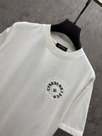 White short-sleeve T-shirt showing crew neck and circular chest logo embroidery