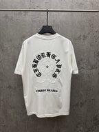 White short-sleeve T-shirt with large back circular graphic print and logo text