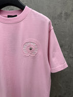 Pink short-sleeve T-shirt with chest embroidered emblem, crew neck