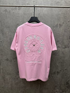 Pink short-sleeve crewneck T-shirt with large back embroidered circular emblem