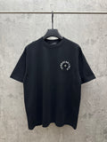 Black short-sleeve crewneck T-shirt with small circular embroidered chest logo