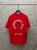 Red short-sleeve T-shirt with large back circular logo graphic