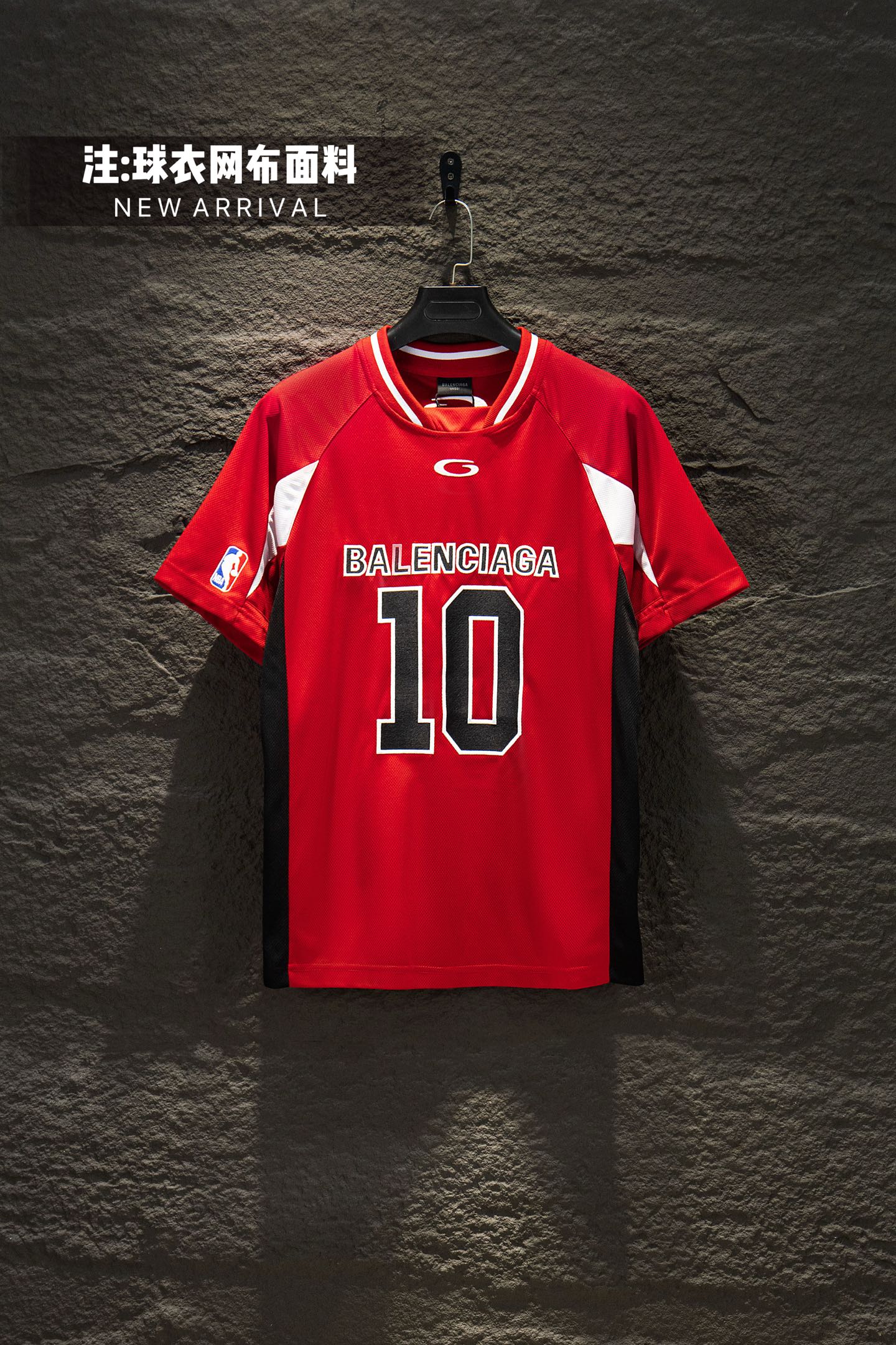 Red Balenciaga short-sleeve jersey with white trim, 'BALENCIAGA 10' front print