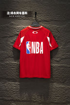 Red Balenciaga short-sleeve jersey with white trim, NBA logo back print