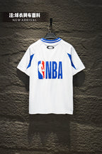 Balenciaga short-sleeve jersey with blue 'NBA' front graphic and striped collar