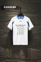Balenciaga short-sleeve jersey, white with blue trim and "10" front graphic.