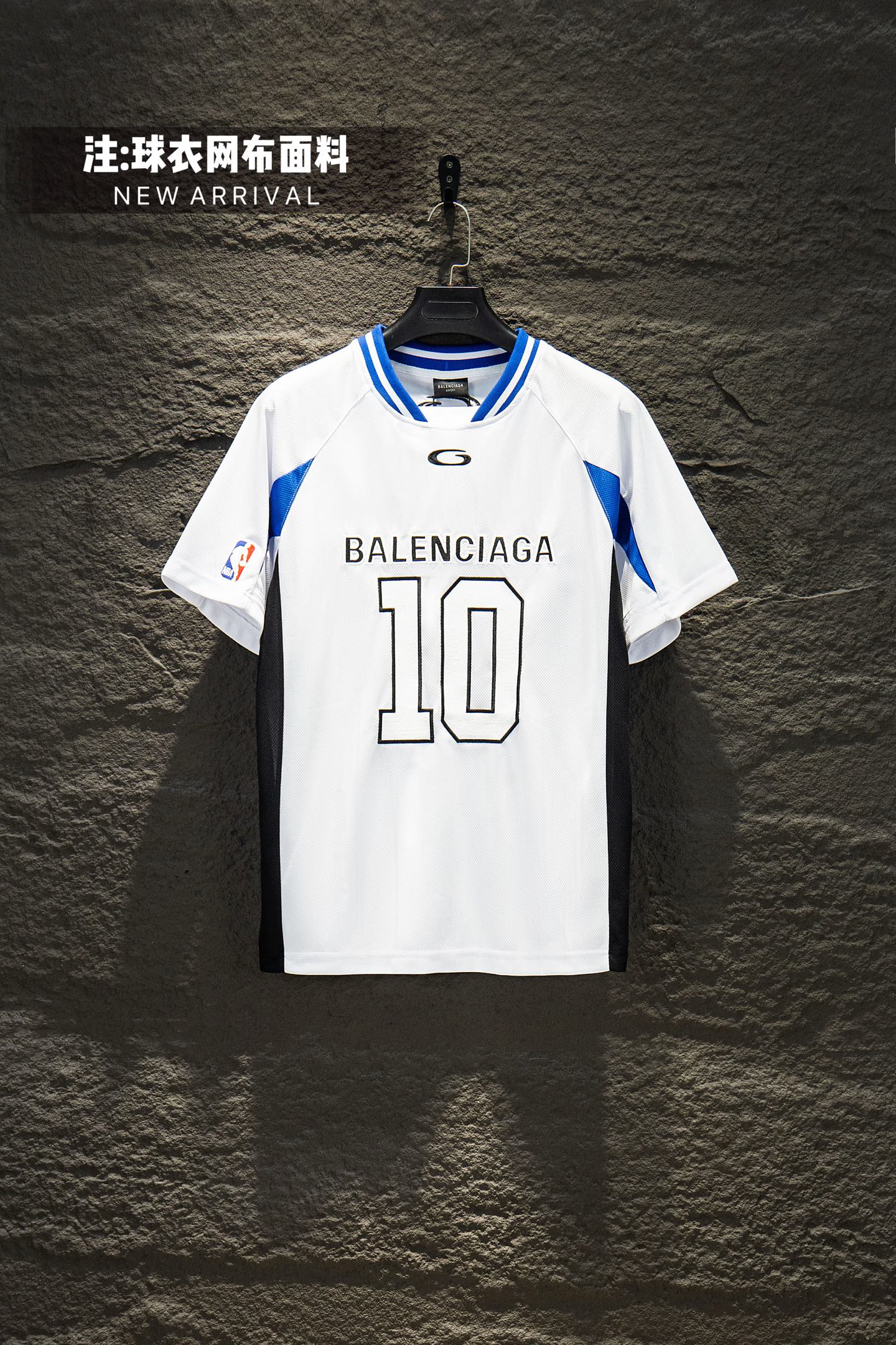 Balenciaga short-sleeve jersey, white with blue trim and "10" front graphic.