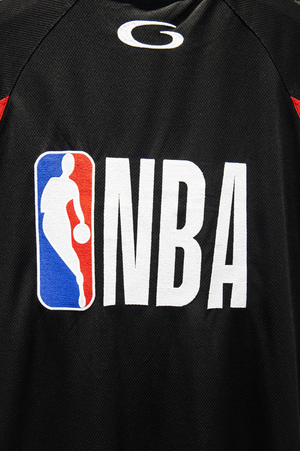 Black jersey sleeve with NBA basketball and letters graphic, red and blue accents