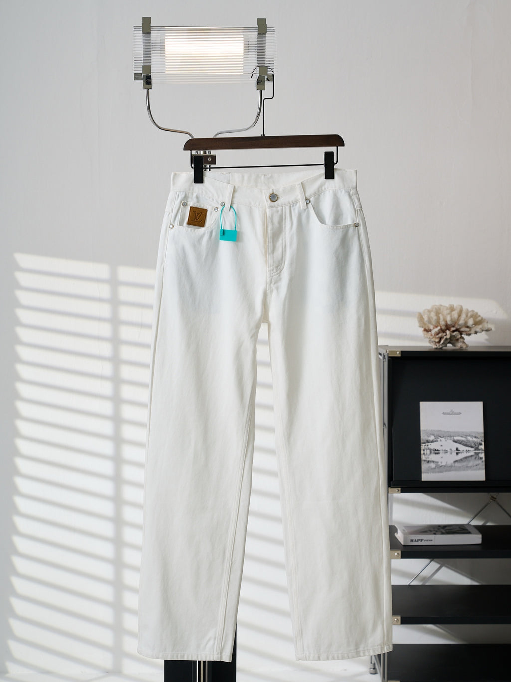 Louis Vuitton white jeans pants with front pockets and metal button closure