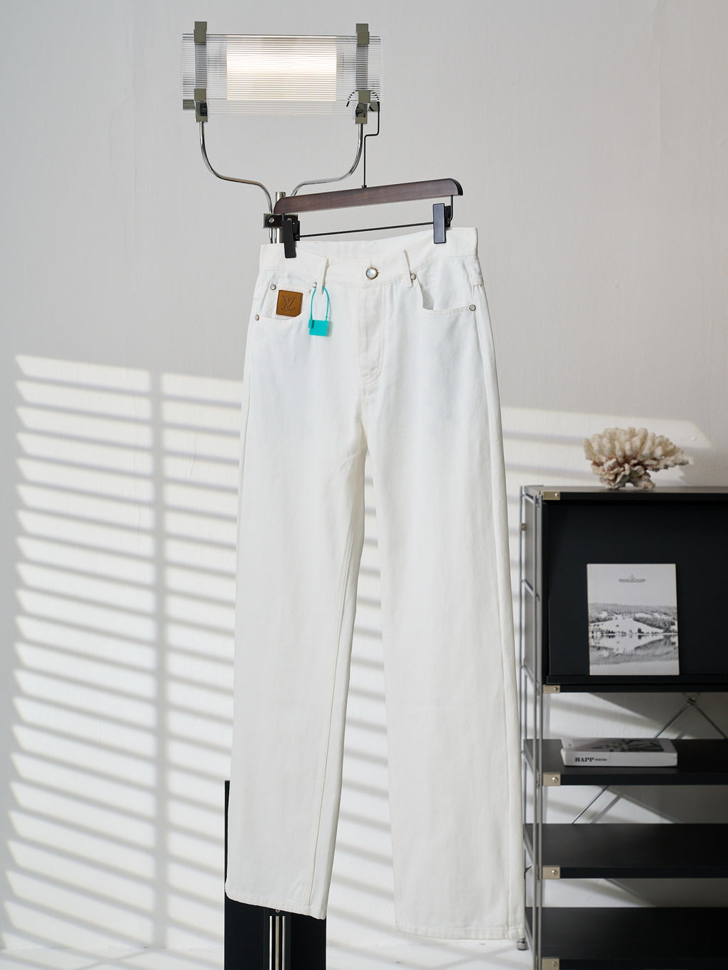 Louis Vuitton white straight-leg denim pants with button front and pockets