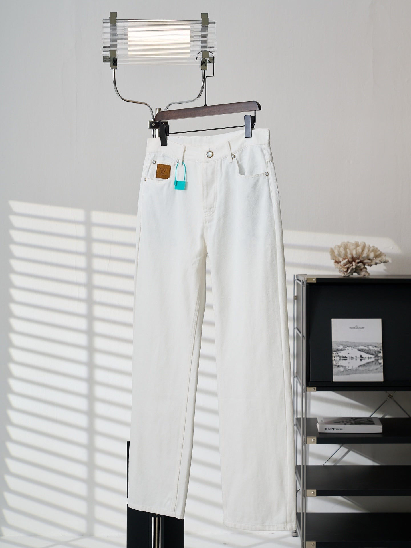 Louis Vuitton white straight-leg denim pants with button front and pockets