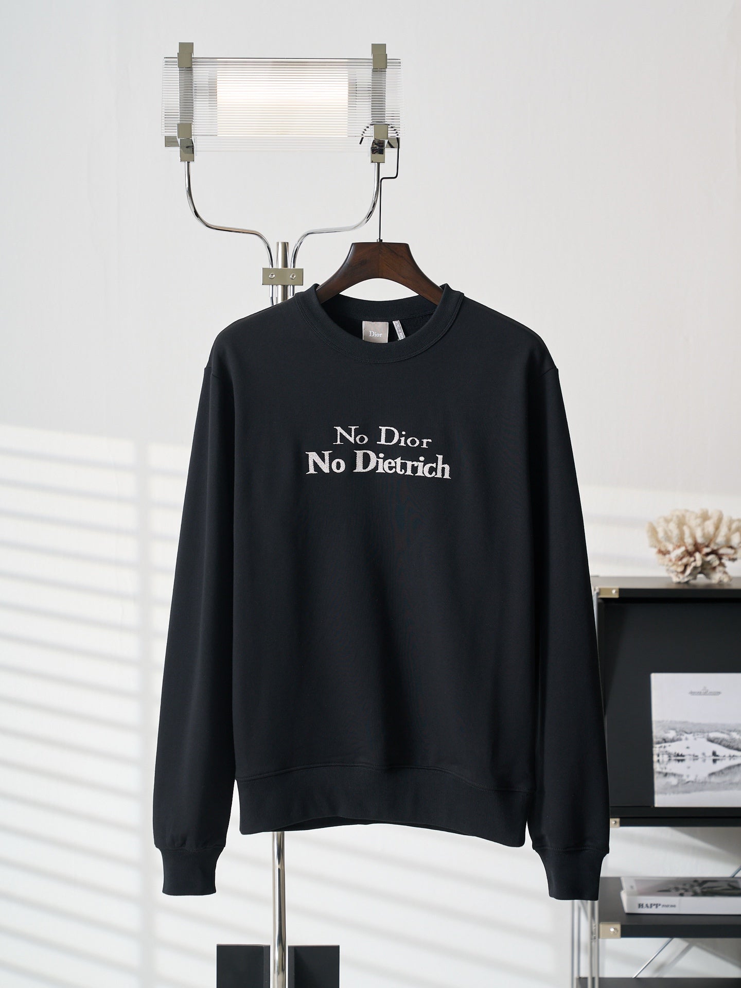 Black crewneck long-sleeve sweatshirt with 'No Dior No Dietrich' graphic on chest
