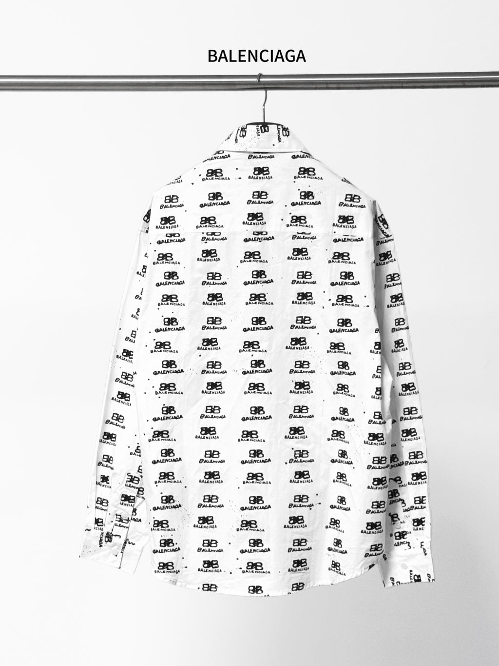 White long-sleeve shirt back with allover Balenciaga monogram print