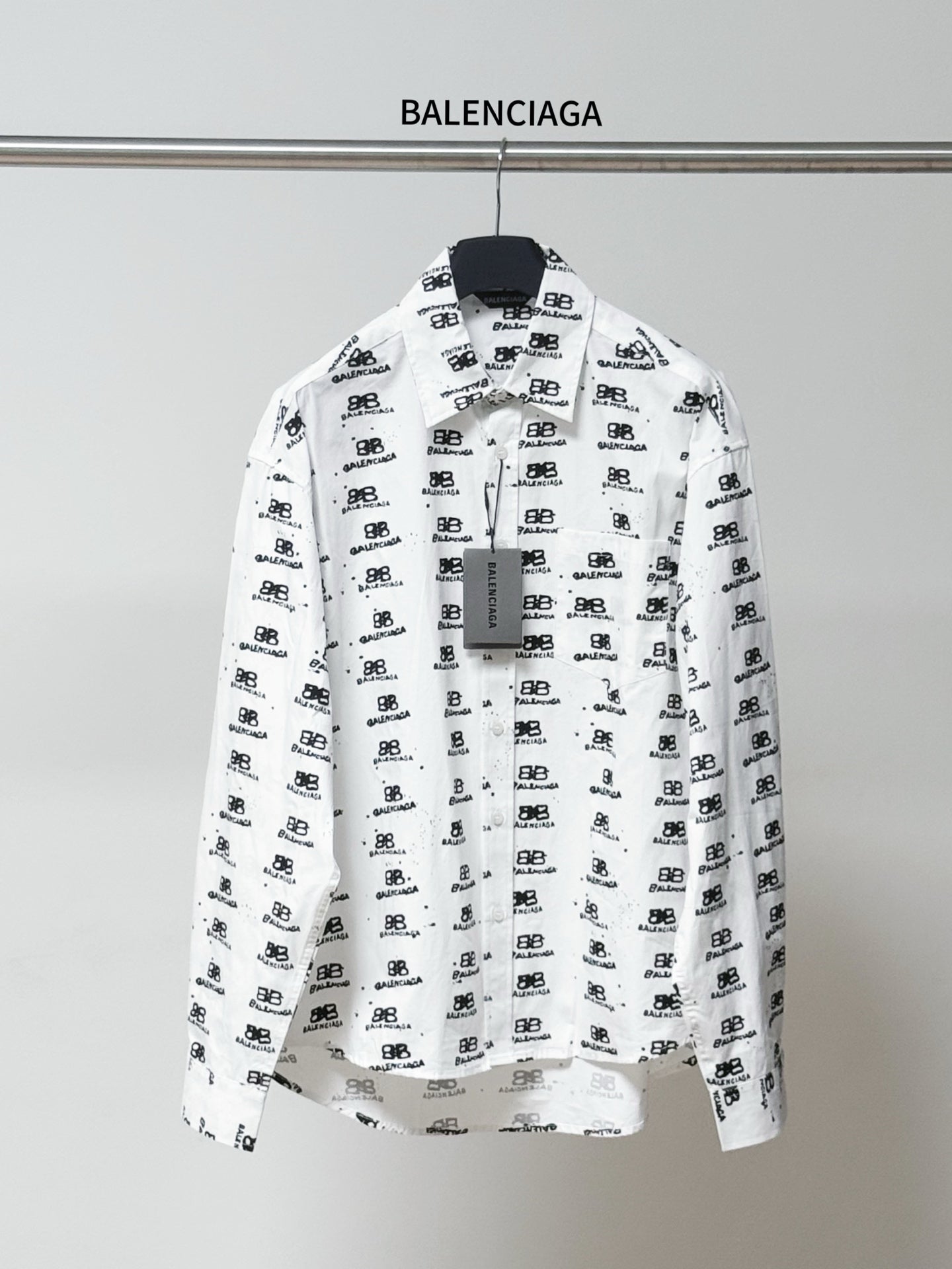 White long-sleeve shirt with allover Balenciaga monogram print and button placket