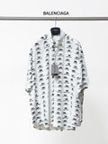 Balenciaga long-sleeve shirt in white with black logo pattern, button-front and collar