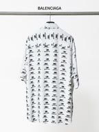 Balenciaga long-sleeve shirt back view in white with black all-over logo pattern
