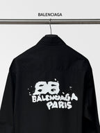 Balenciaga black long-sleeve button-up shirt back view with centered graphic print