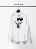 Balenciaga white button-up long-sleeve shirt with black graphic and neck tag