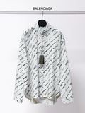 White long-sleeve button-up shirt with black Balenciaga logo and script print